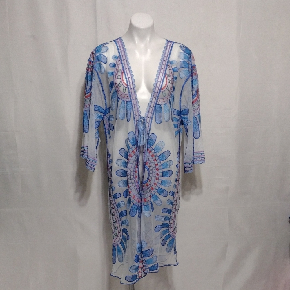 Rachel Zoe Sheer Embroidered Lace Boho Kimono Tunic Swim Cover Up Dress One Size